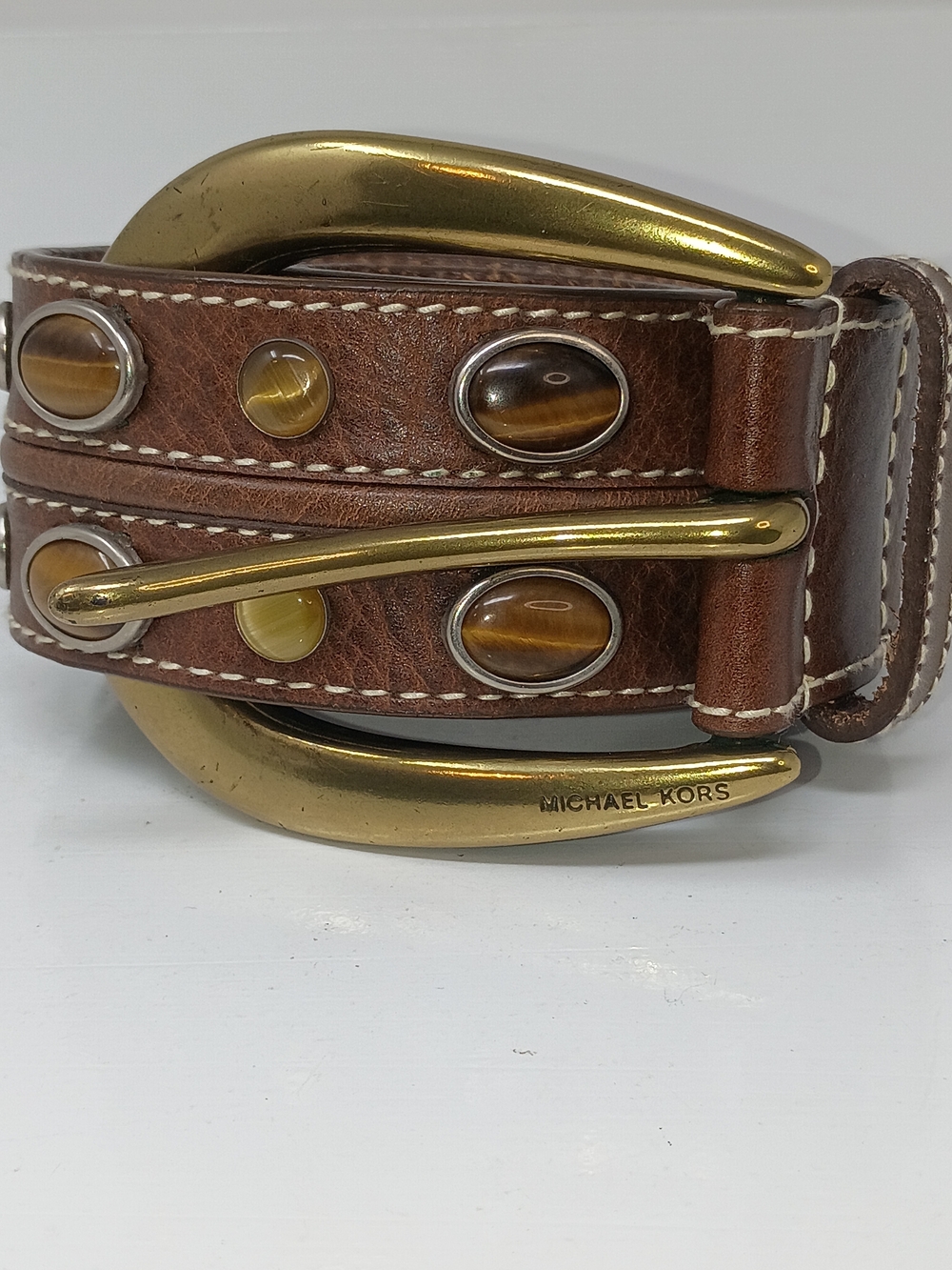 Michaels Kors Brown Leather Belt, Brass Buckle with Stud Accents - Picture 4 of 13